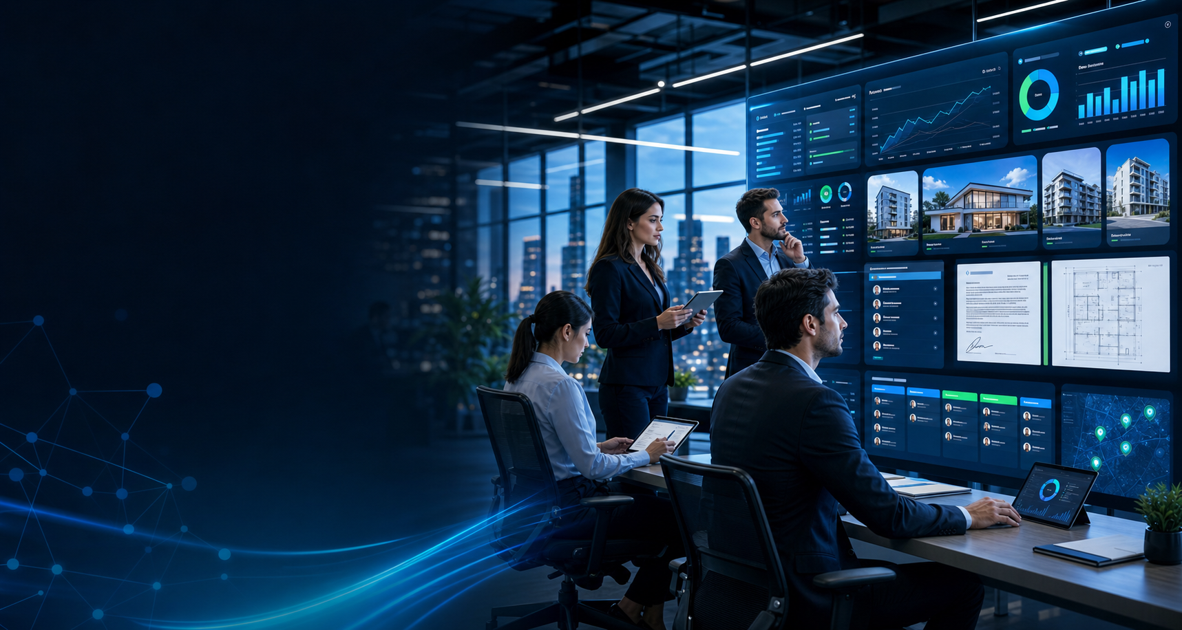 Equipe imobiliária usando dashboards com inteligência artificial